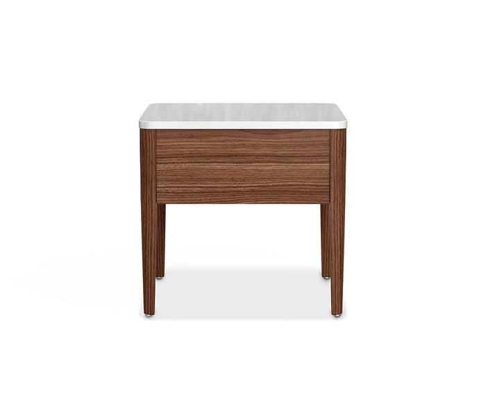 The Enna End Table showcases a modern design with a dual-toned white and walnut veneer finish, featuring a white rectangular top, straight slim legs, and a single drawer, set against a plain white background.