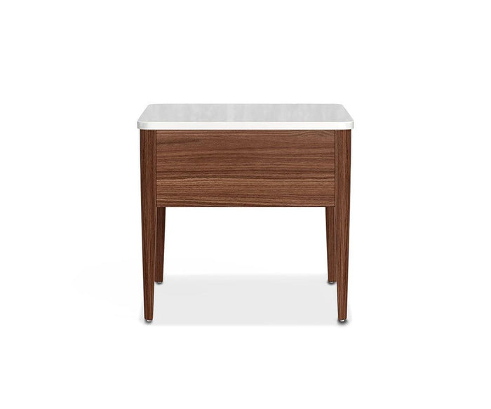 A contemporary Enna End Table with tapered legs and a white rectangular tabletop, showcasing a sophisticated dual-toned finish, displayed front-facing on a white background.