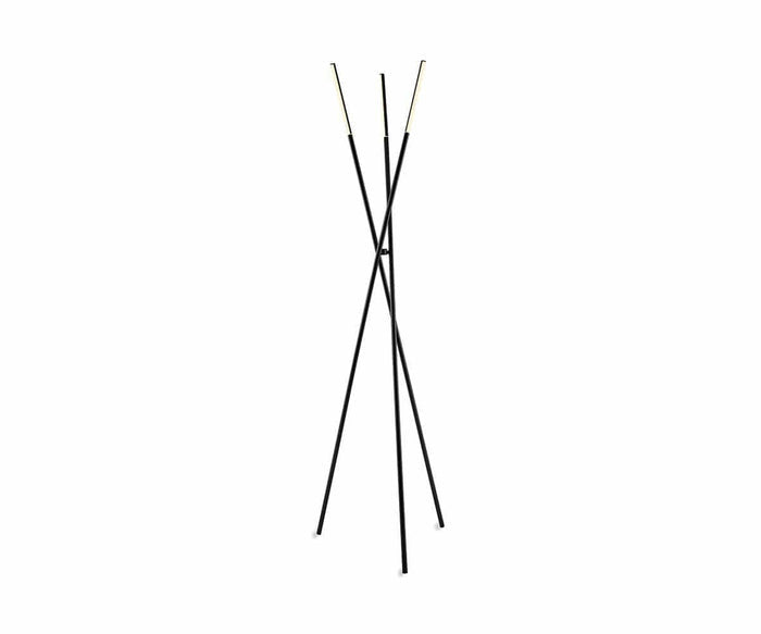 A modern, minimalist black Erick Floor Lamp stands upright against a white background—its three angled metal poles intersecting in a sleek silhouette that echoes the refined lines of a contemporary coat rack, seamlessly blending function with modern style.