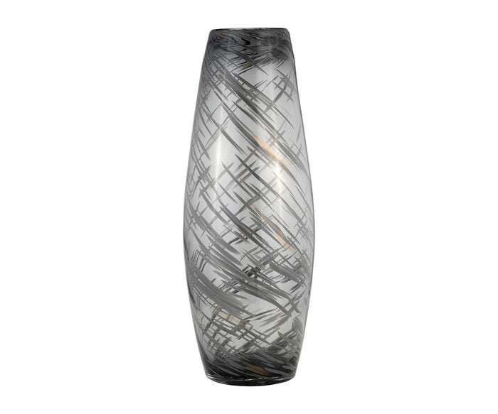 The Etched Lattice Vase features a tall, cylindrical shape crafted from hand-finished glass, showcasing abstract black, crisscrossed lines over a multi-toned surface—an ideal accent piece for any modern home.