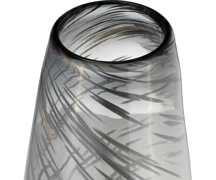 A close-up of the Etched Lattice Vase, a hand-finished glass piece showcasing black and gray swirling patterns, viewed from an angle above the rim. This vase makes a striking accent for any décor.