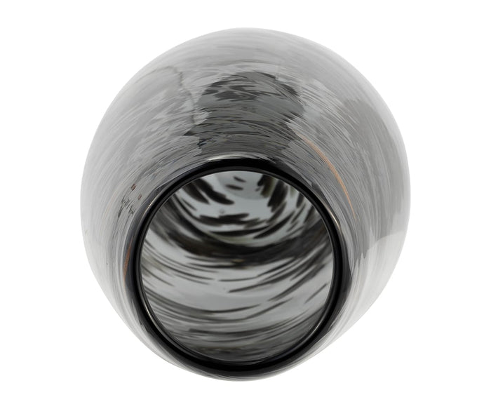 Top view of an Etched Lattice Vase—a round, gray and black marbled hand-finished glass vase with a wide opening—showing swirling patterns inside against a white background, creating a striking accent piece.