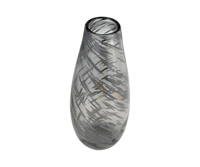The Etched Lattice Vase, in a Black/Multi color palette, features a tall oval shape with a hand-finished design and narrow opening, making it the perfect statement piece for contemporary interiors.