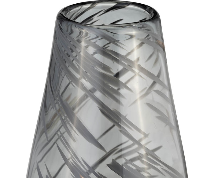 Close-up of the top section of the Etched Lattice Vase, crafted from hand-finished glass with a gray and clear swirling pattern, set against a plain white background—an elegant accent piece for any space.