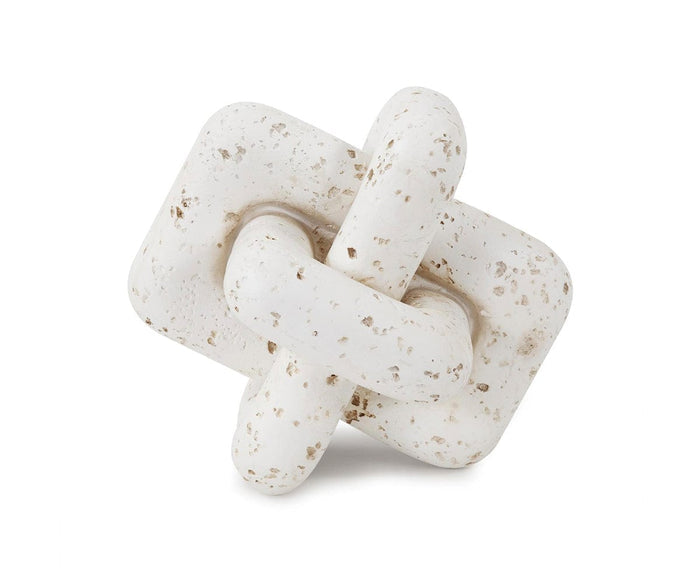 The Everlink Sculpture is a white, textured art piece with a rectangular and a circular loop intertwined, displayed against a plain white background. Its surface showcases a travertine-like texture reminiscent of natural stone carving.
