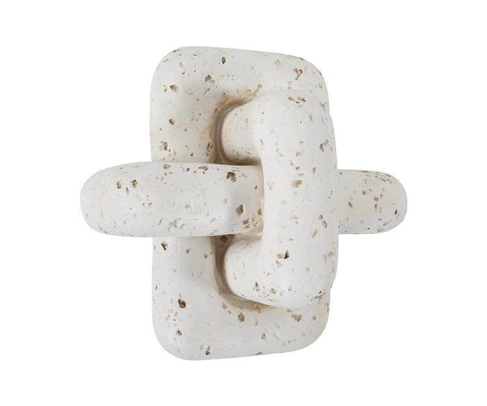 The Everlink Sculpture showcases a modern, abstract design with two interlocking, rounded rectangular forms. Its white speckled finish and travertine-like texture evoke the look of natural stone carving.