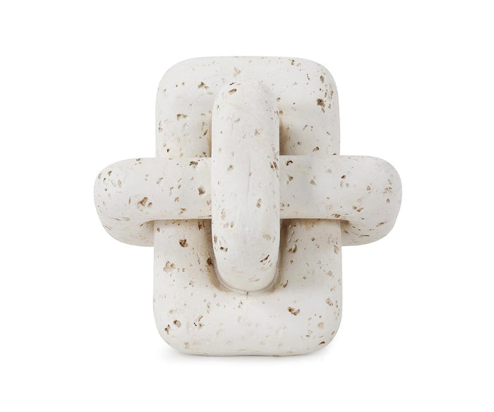 Introducing the Everlink Sculpture: a decorative white stone piece featuring two interlocking oval and rectangular forms, meticulously designed with a travertine-inspired texture and a speckled, natural stone carving effect.