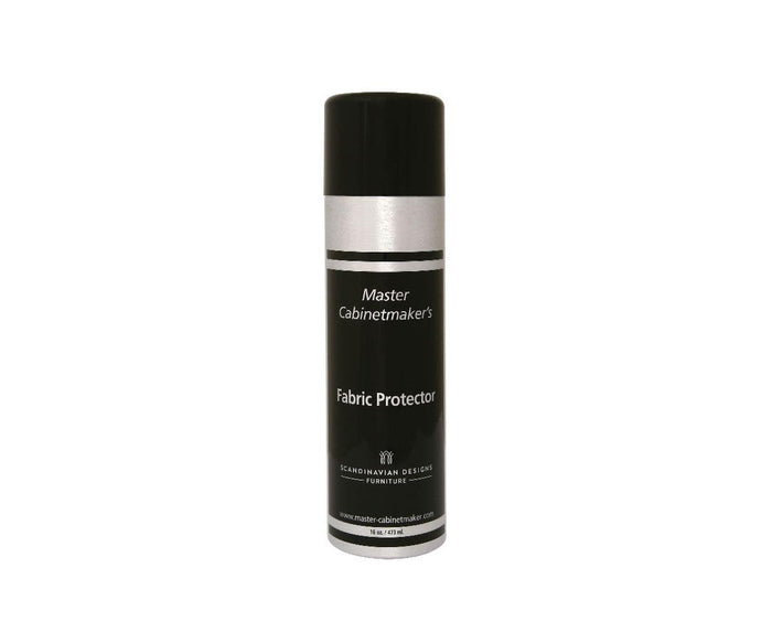A tall, black and silver spray can labeled Fabric Protector with Scandinavian Designs Furniture branding stands upright against a white background—ideal for reliable furniture protection.