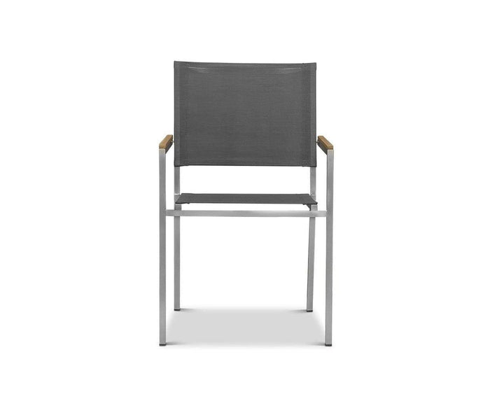 The Farino Outdoor Dining Chair, shown from the front against a white background, features a modern design with a brushed stainless steel frame, straight legs, grey mesh seat and backrest, and light wooden armrests—perfectly blending style and comfort.