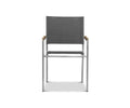 The Farino Outdoor Dining Chair, shown from the front against a white background, features a modern design with a brushed stainless steel frame, straight legs, grey mesh seat and backrest, and light wooden armrests—perfectly blending style and comfort.