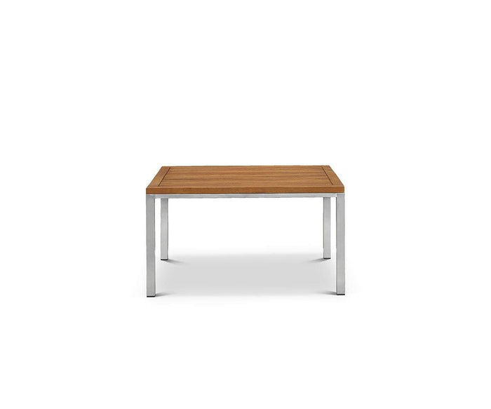 The Farino Outdoor End Table, shown in Acacia and Brushed Stainless Steel, features a solid square acacia tabletop with a slatted design and modern metal legs, photographed against a white background.