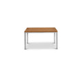 The Farino Outdoor End Table, shown in Acacia and Brushed Stainless Steel, features a solid square acacia tabletop with a slatted design and modern metal legs, photographed against a white background.