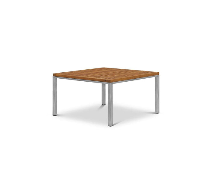 The Farino Outdoor End Table, with a solid acacia tabletop and four metal legs in a modern design, is shown against a plain white background.