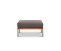The Farino Outdoor Ottoman features a taupe, UV-resistant cushioned top, a wooden base, and sleek brushed stainless steel legs—perfect for coordinating with stainless steel furniture collections—and is shown against a plain white background.