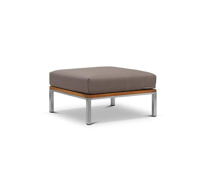 The Farino Outdoor Ottoman features a modern square design with a gray UV-resistant fabric cushion, a wooden base, and four sleek metal legs, displayed against a plain white background.