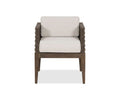 The Farren Outdoor Dining Chair, shown against a plain white background, features a modern wooden frame with slatted sides and straight legs, complemented by seat and back cushions in Farren Beige—making it an elegant addition to any patio furniture collection.