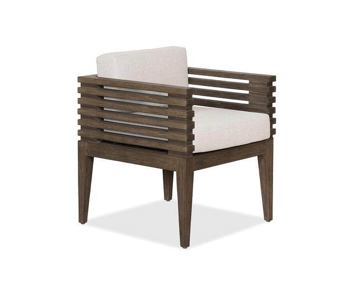 The Farren Outdoor Dining Chair features a dark wooden slatted frame with a beige cushioned seat and backrest, shown on a white background—perfect as an outdoor dining chair or a stylish addition to your patio furniture collection.