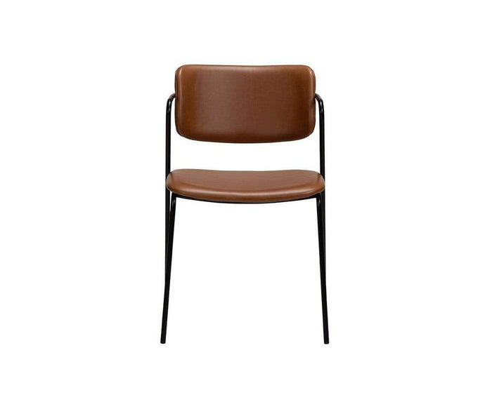 A brown Finn Dining Chair with a cushioned seat and backrest, supported by a sleek black metal frame, is displayed against a plain white background. This chair combines comfort and modern style, making it an ideal addition to any dining space.