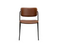 A brown Finn Dining Chair with a cushioned seat and backrest, supported by a sleek black metal frame, is displayed against a plain white background. This chair combines comfort and modern style, making it an ideal addition to any dining space.
