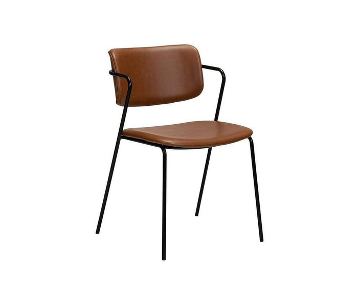 The Finn Dining Chair features a brown cushioned seat and backrest, supported by a minimalist black metal frame with four angled legs, effortlessly combining comfort and modern style for any contemporary dining space.