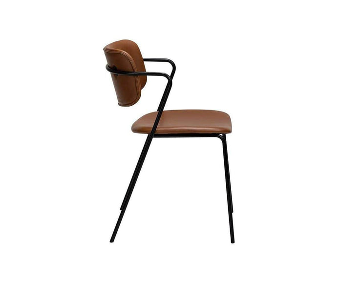 The Finn Dining Chair showcases a contemporary design with a brown cushioned seat and backrest, supported by slender black metal legs and armrests. Shown in side profile against a white background, this stackable chair seamlessly combines modern style with functional versatility.