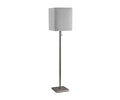 The Fiora Floor Lamp is a modern floor lamp featuring a rectangular gray fabric shade, a slim brushed steel metal pole, and a square metal base, standing upright against a white background.