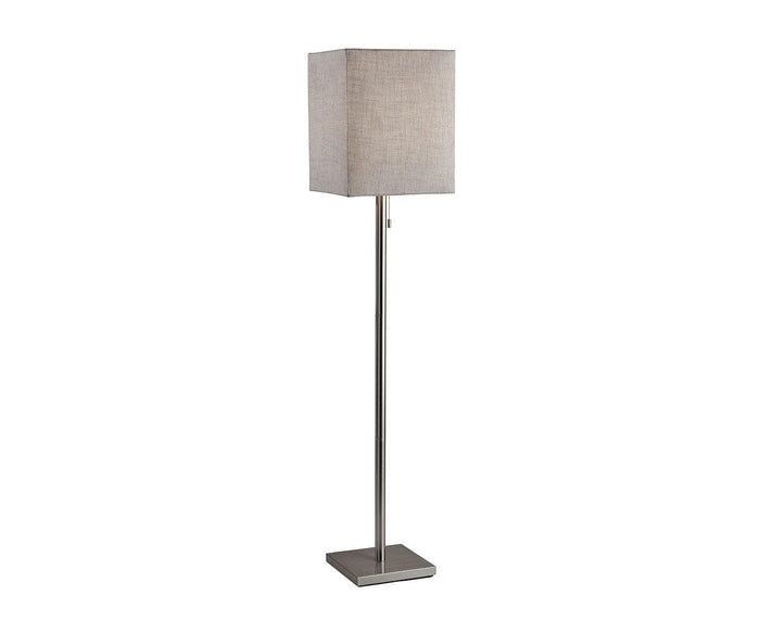 The Fiora Floor Lamp showcases a contemporary design with a slim metallic pole, complemented by a square grey fabric shade and a coordinating square metal base.
