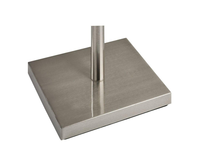 Close-up of the Fiora Floor Lamp’s base, crafted in brushed stainless steel with a sleek rectangular shape and a central vertical pole, set against a white background—highlighting its modern design that pairs elegantly with a fabric shade.