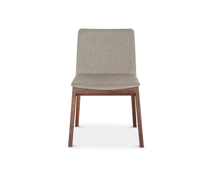 A front view of the Fuchsia Dining Chair, showcasing an upholstered seat and backrest in FUCHSIA BROWN, with wooden legs and frame, set against a white background.