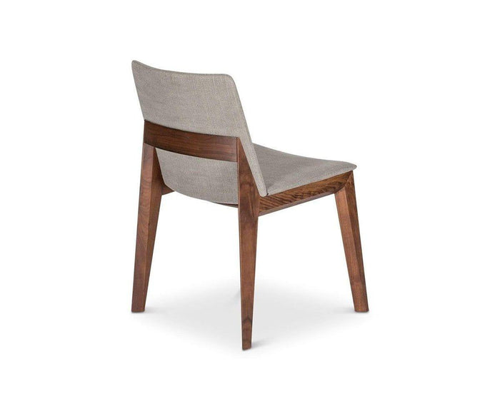 Introducing the Fuchsia Dining Chair—a modern piece featuring a cushioned light beige seat and backrest, complemented by angled dark wooden legs and a coordinating wooden frame. Shown against a plain white background, this upholstered dining chair blends contemporary style with exceptional comfort, making it an ideal addition to any dining space.