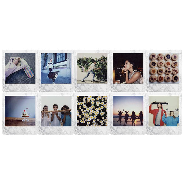 Fujifilm Instax Square Film pack with 10 sample instant photos showcasing vibrant colors and sharp, clear images in square format