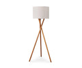 The Gaffel Floor Lamp, in a sophisticated Acacia finish, features three wooden legs forming a stylish tripod base and a white cylindrical lampshade. Set against a plain white background, this modern lamp combines contemporary design with practicality, making it an ideal addition to your home decor.