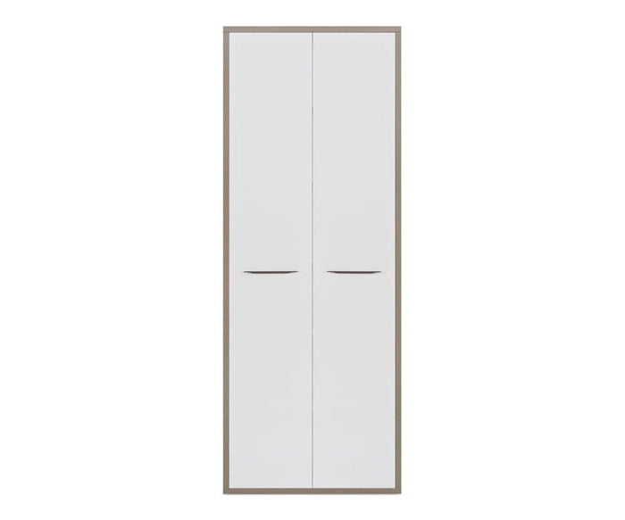 Introducing the Gammel High Bookcase Door Set—a tall, narrow high bookcase featuring two white high-gloss doors with thin vertical handles and a light brown frame, seen from the front against a plain background. This eco-friendly storage solution is ideal for any modern space.