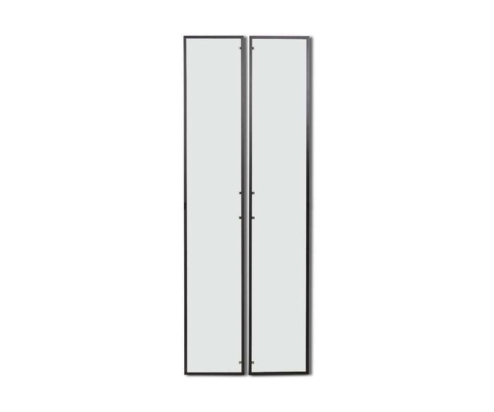 Two tall, narrow rectangular mirrors with thin black frames are positioned side by side against a white background, evoking the sleek style of the Gammel High Bookcase Single Glass Door and crafted using eco-friendly recycled materials.