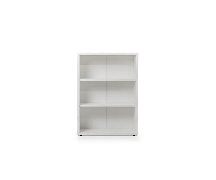 The Gammel Low Bookcase - White is a rectangular bookshelf with three shelves, featuring a sleek white finish and upright design—an ideal eco-friendly storage solution for a modern workspace.