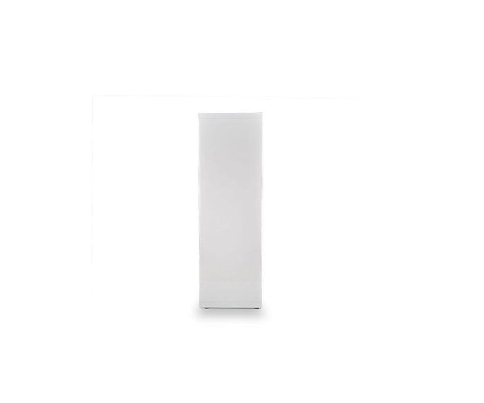 The Gammel Low Bookcase in white stands upright against a plain white background, showcasing the clean lines and minimalism characteristic of modern workspace storage or an eco-friendly bookcase.