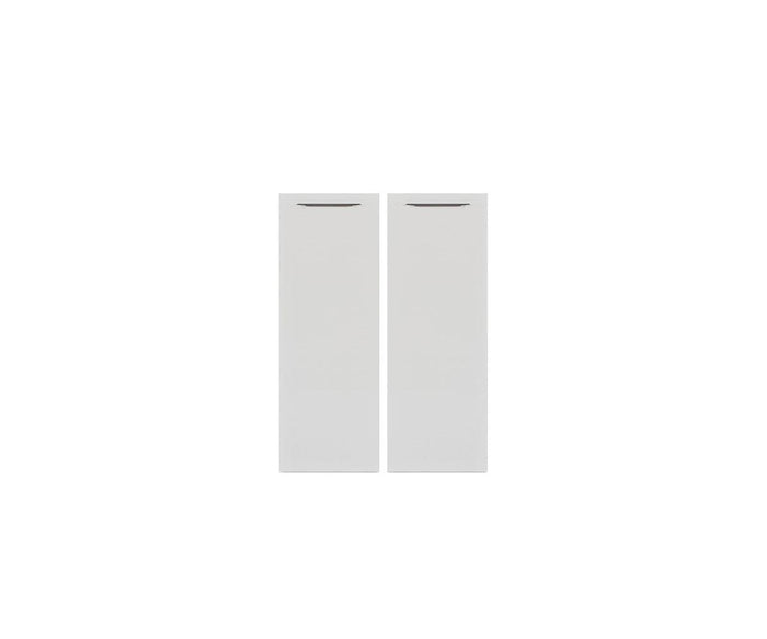 Two tall, rectangular Gammel Low Bookcase Door Set panels in WHITE, each featuring slim horizontal handles at the top and standing side by side against a plain white background—ideal for pairing with an eco-friendly bookcase crafted from recycled materials.