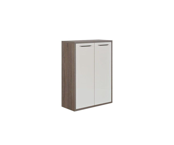 The Gammel Low Bookcase Door Set features a modern, rectangular design with a wood grain frame and two white doors, each accented by a slim horizontal top handle. Set against a plain white background, this eco-friendly piece effortlessly merges contemporary style with environmental responsibility.