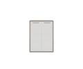 The Gammel Low Bookcase with Doors, featuring two high-gloss white doors with slim horizontal handles and framed by a truffle oak border, is centered on a plain white background.