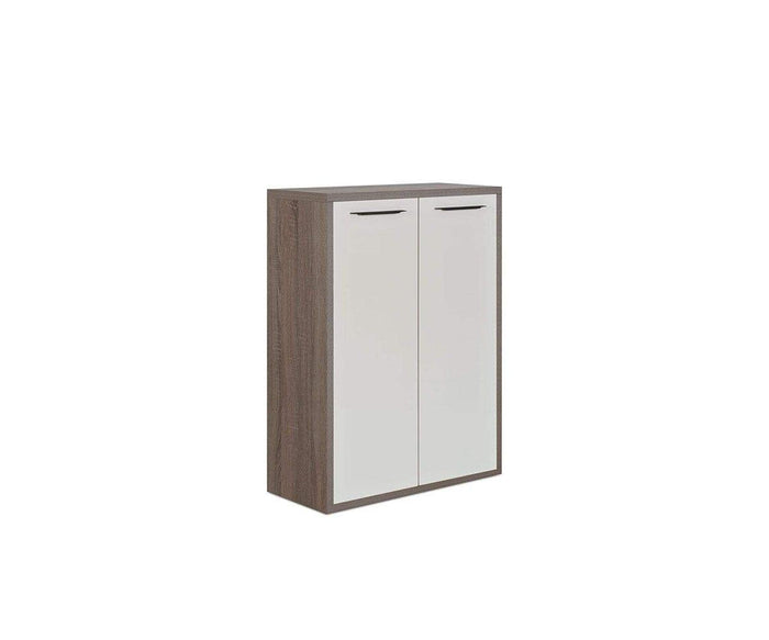 The Gammel Low Bookcase with Doors is a modern, rectangular cabinet featuring a brown wood frame and two sleek high-gloss white doors, each adorned with a horizontal black handle at the top, shown against a plain white background.