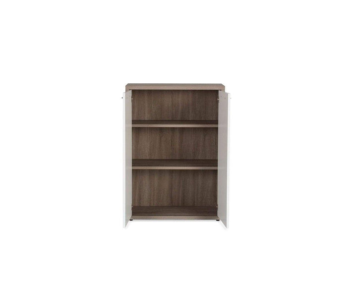 The Gammel Low Bookcase with Doors is a compact, three-shelf unit featuring a brown interior and white side panels, set against a white background.