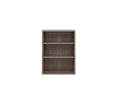 The Gammel Low Bookcase, featuring three shelves and a TRUFFLE OAK finish, is crafted from recycled materials and stands empty against a plain white background.