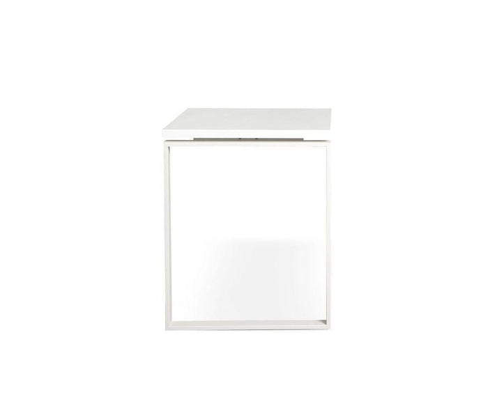 The Gammel Return Desk - White features a minimalist square design with a sleek metal frame, showcased from the front against a plain white background. Drawing inspiration from eco-friendly desk extension concepts and crafted with meticulous attention to detail, this Italian-made piece exemplifies quality and sophistication.