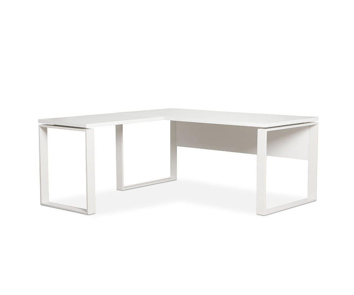 The Gammel Return Desk - White features a minimalist L-shaped design with open rectangular metal legs on each side and a smooth, flat tabletop. Crafted in Italy with eco-friendly materials, this desk extension offers a modern look ideal for any office or home workspace, reflecting the high-quality craftsmanship that defines Italian-made pieces.