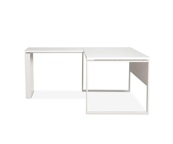 The Gammel Return Desk - White is a modern L-shaped desk with clean lines and open sides, featuring an eco-friendly desk extension for added versatility, placed against a plain white background.