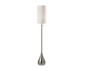 The Gemma Floor Lamp showcases a contemporary design with a brushed steel base in an elegant teardrop shape and a tall, cylindrical fabric shade, displayed against a plain white background.