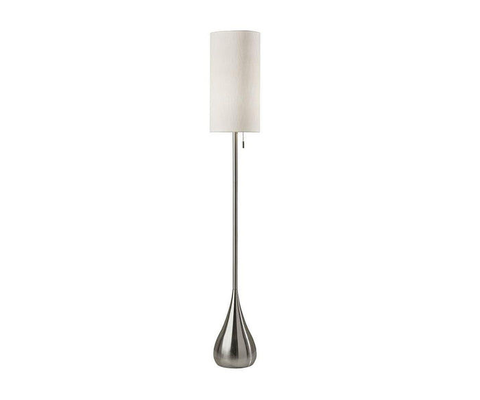 The Gemma Floor Lamp showcases a contemporary design with a brushed steel base in an elegant teardrop shape and a tall, cylindrical fabric shade, displayed against a plain white background.