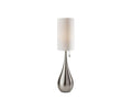 The Gemma Table Lamp, in brushed steel, showcases a metallic teardrop-shaped base paired with a tall cylindrical white lampshade for a look of contemporary glamor. It is photographed against a plain white background.