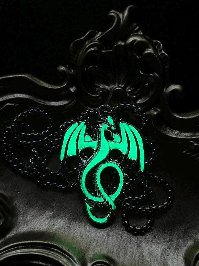 Glowing Dragon Necklace | Fluorescent Wyvern Pendant | Halloween Jewelry
