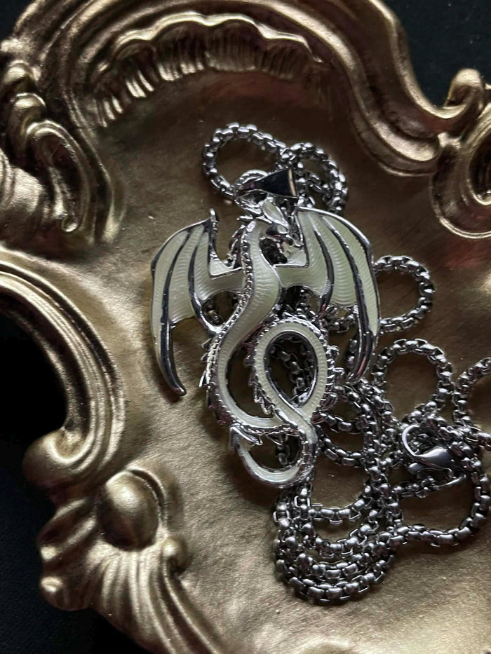 Glowing Dragon Necklace | Fluorescent Wyvern Pendant | Halloween Jewelry
